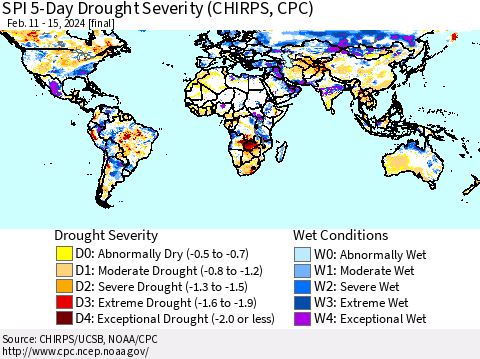 World SPI 5-Day Drought Severity (CHIRPS) Thematic Map For 2/11/2024 - 2/15/2024