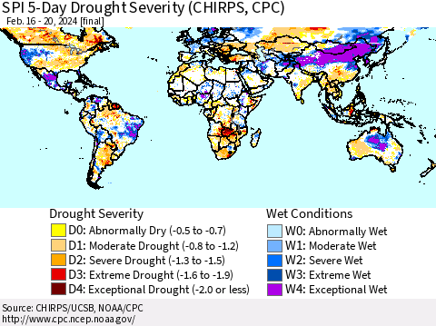 World SPI 5-Day Drought Severity (CHIRPS) Thematic Map For 2/16/2024 - 2/20/2024