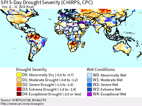 World SPI 5-Day Drought Severity (CHIRPS) Thematic Map For 2/21/2024 - 2/25/2024