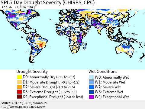 World SPI 5-Day Drought Severity (CHIRPS) Thematic Map For 2/26/2024 - 2/29/2024