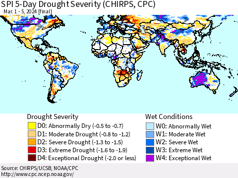 World SPI 5-Day Drought Severity (CHIRPS) Thematic Map For 3/1/2024 - 3/5/2024