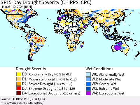 World SPI 5-Day Drought Severity (CHIRPS) Thematic Map For 3/6/2024 - 3/10/2024