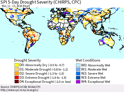 World SPI 5-Day Drought Severity (CHIRPS) Thematic Map For 3/11/2024 - 3/15/2024