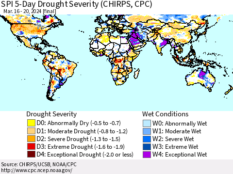 World SPI 5-Day Drought Severity (CHIRPS) Thematic Map For 3/16/2024 - 3/20/2024