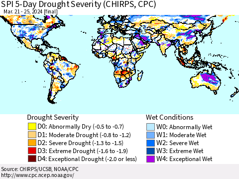 World SPI 5-Day Drought Severity (CHIRPS) Thematic Map For 3/21/2024 - 3/25/2024