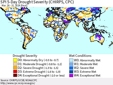 World SPI 5-Day Drought Severity (CHIRPS) Thematic Map For 3/26/2024 - 3/31/2024