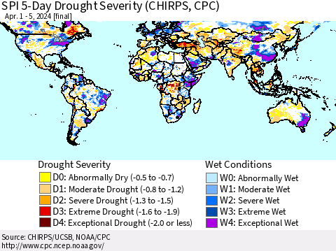 World SPI 5-Day Drought Severity (CHIRPS) Thematic Map For 4/1/2024 - 4/5/2024
