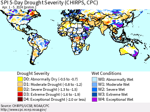 World SPI 5-Day Drought Severity (CHIRPS) Thematic Map For 4/1/2024 - 4/5/2024