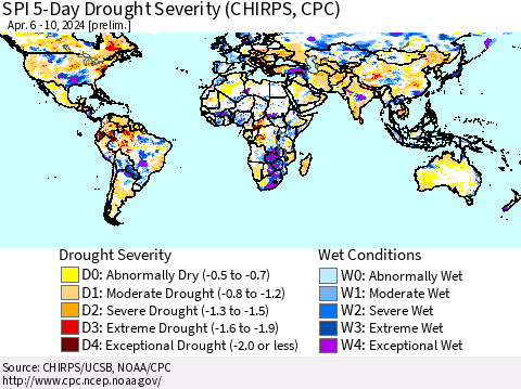 World SPI 5-Day Drought Severity (CHIRPS) Thematic Map For 4/6/2024 - 4/10/2024