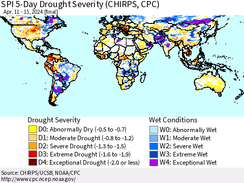 World SPI 5-Day Drought Severity (CHIRPS) Thematic Map For 4/11/2024 - 4/15/2024