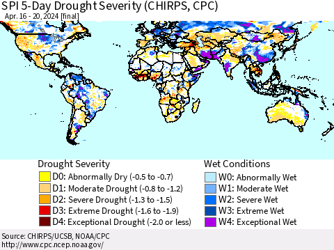 World SPI 5-Day Drought Severity (CHIRPS) Thematic Map For 4/16/2024 - 4/20/2024