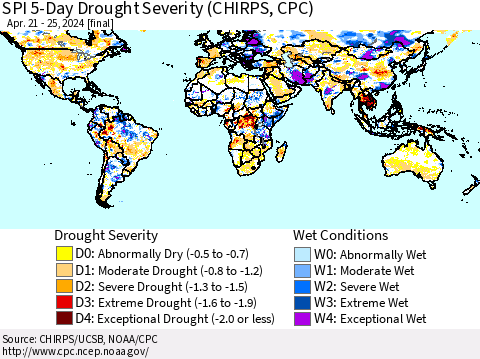 World SPI 5-Day Drought Severity (CHIRPS) Thematic Map For 4/21/2024 - 4/25/2024