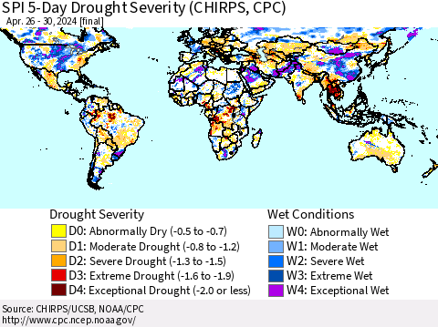 World SPI 5-Day Drought Severity (CHIRPS) Thematic Map For 4/26/2024 - 4/30/2024
