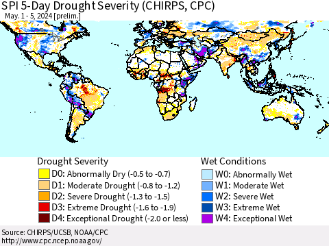World SPI 5-Day Drought Severity (CHIRPS) Thematic Map For 5/1/2024 - 5/5/2024