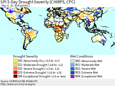 World SPI 5-Day Drought Severity (CHIRPS) Thematic Map For 5/6/2024 - 5/10/2024