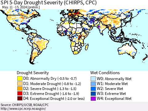 World SPI 5-Day Drought Severity (CHIRPS) Thematic Map For 5/11/2024 - 5/15/2024