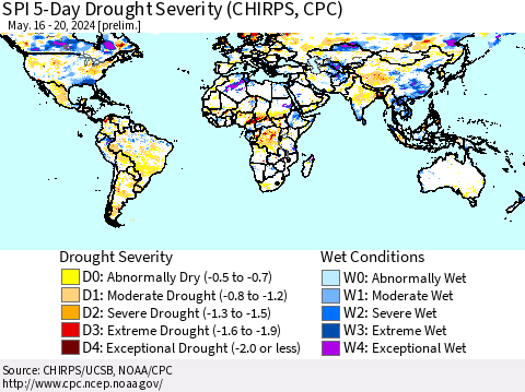 World SPI 5-Day Drought Severity (CHIRPS) Thematic Map For 5/16/2024 - 5/20/2024