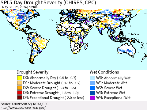World SPI 5-Day Drought Severity (CHIRPS) Thematic Map For 5/21/2024 - 5/25/2024