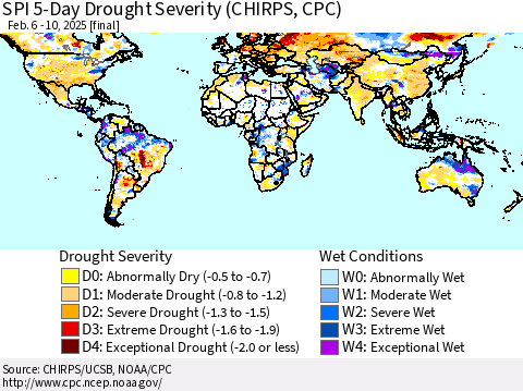 World SPI 5-Day Drought Severity (CHIRPS) Thematic Map For 2/6/2025 - 2/10/2025