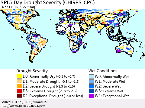 World SPI 5-Day Drought Severity (CHIRPS) Thematic Map For 3/11/2025 - 3/15/2025