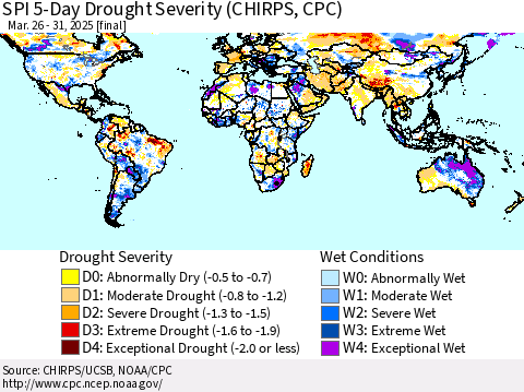 World SPI 5-Day Drought Severity (CHIRPS) Thematic Map For 3/26/2025 - 3/31/2025