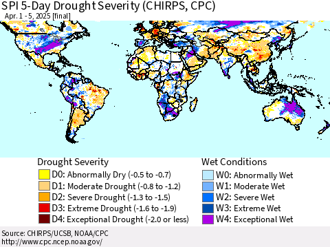 World SPI 5-Day Drought Severity (CHIRPS) Thematic Map For 4/1/2025 - 4/5/2025