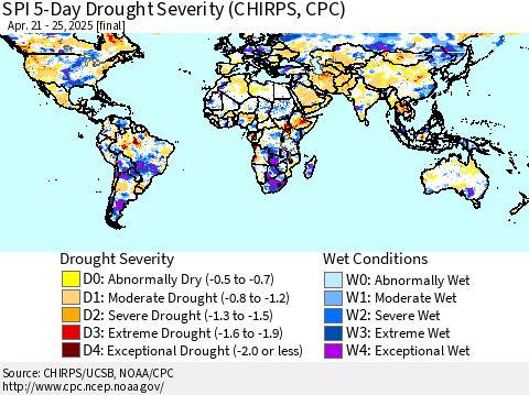 World SPI 5-Day Drought Severity (CHIRPS) Thematic Map For 4/21/2025 - 4/25/2025