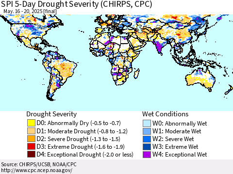 World SPI 5-Day Drought Severity (CHIRPS) Thematic Map For 5/16/2025 - 5/20/2025