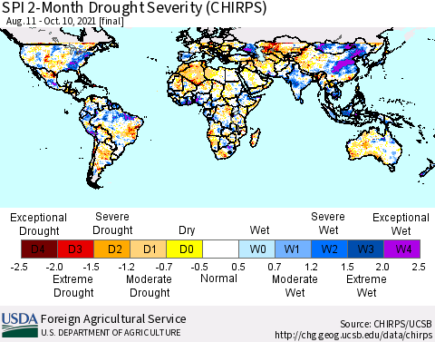 World SPI 2-Month Drought Severity (CHIRPS) Thematic Map For 8/11/2021 - 10/10/2021