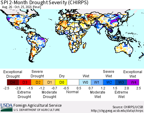 World SPI 2-Month Drought Severity (CHIRPS) Thematic Map For 8/26/2021 - 10/25/2021