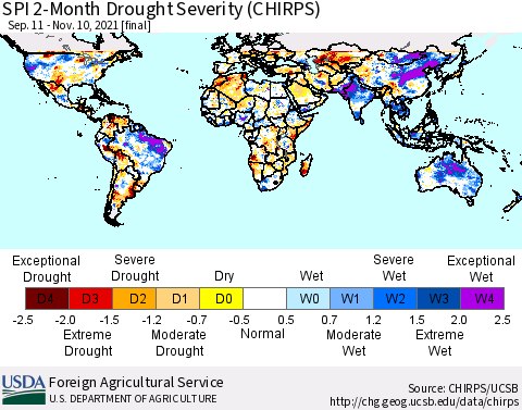 World SPI 2-Month Drought Severity (CHIRPS) Thematic Map For 9/11/2021 - 11/10/2021