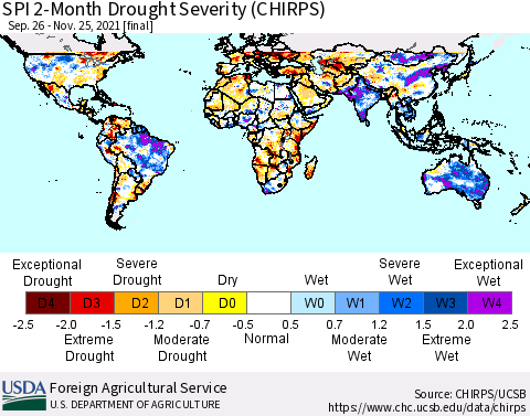 World SPI 2-Month Drought Severity (CHIRPS) Thematic Map For 9/26/2021 - 11/25/2021