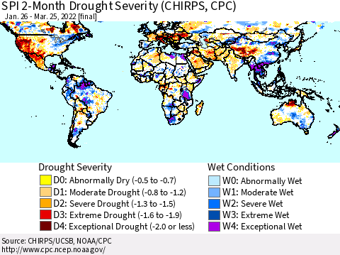 World SPI 2-Month Drought Severity (CHIRPS) Thematic Map For 1/26/2022 - 3/25/2022