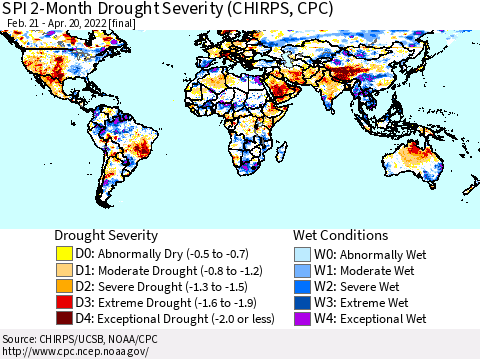 World SPI 2-Month Drought Severity (CHIRPS) Thematic Map For 2/21/2022 - 4/20/2022