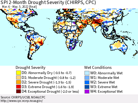 World SPI 2-Month Drought Severity (CHIRPS) Thematic Map For 3/6/2022 - 5/5/2022