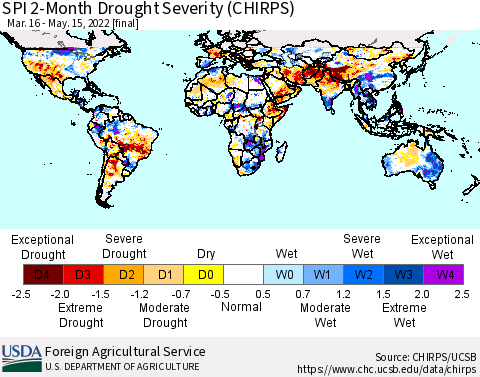 World SPI 2-Month Drought Severity (CHIRPS) Thematic Map For 3/16/2022 - 5/15/2022