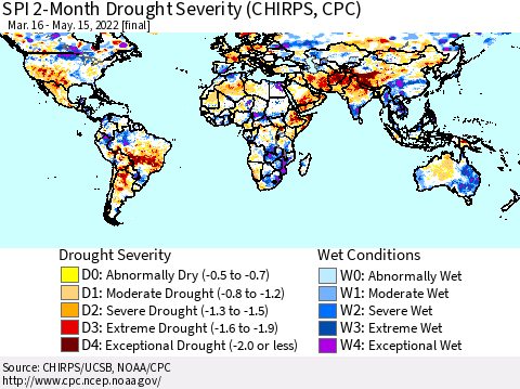 World SPI 2-Month Drought Severity (CHIRPS) Thematic Map For 3/16/2022 - 5/15/2022