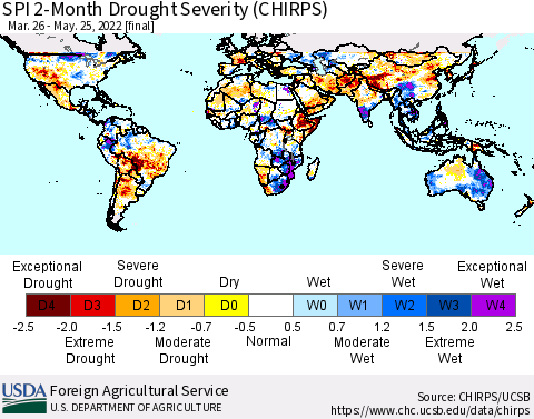 World SPI 2-Month Drought Severity (CHIRPS) Thematic Map For 3/26/2022 - 5/25/2022