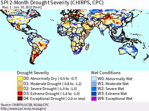 World SPI 2-Month Drought Severity (CHIRPS) Thematic Map For 5/1/2022 - 6/30/2022