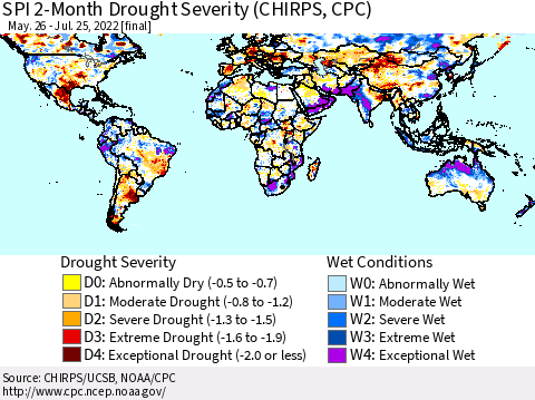 World SPI 2-Month Drought Severity (CHIRPS) Thematic Map For 5/26/2022 - 7/25/2022