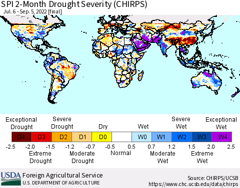 World SPI 2-Month Drought Severity (CHIRPS) Thematic Map For 7/6/2022 - 9/5/2022