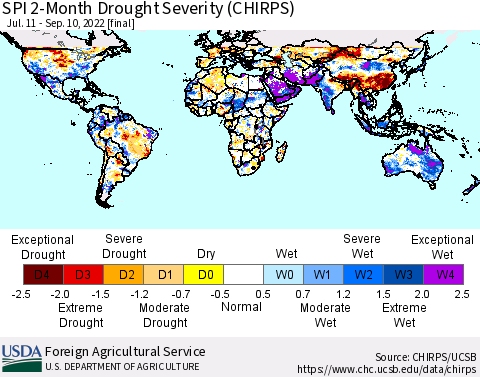 World SPI 2-Month Drought Severity (CHIRPS) Thematic Map For 7/11/2022 - 9/10/2022
