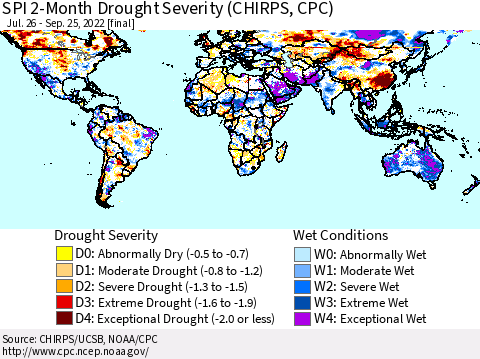 World SPI 2-Month Drought Severity (CHIRPS) Thematic Map For 7/26/2022 - 9/25/2022