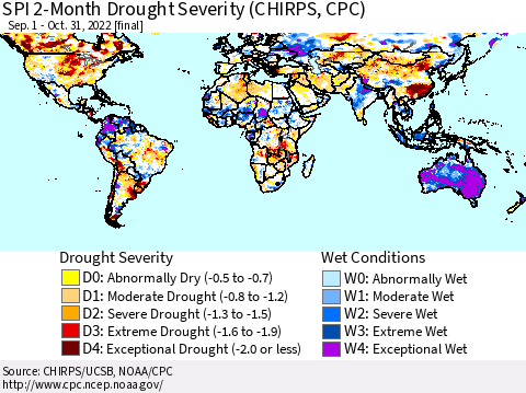 World SPI 2-Month Drought Severity (CHIRPS) Thematic Map For 9/1/2022 - 10/31/2022