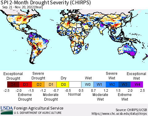 World SPI 2-Month Drought Severity (CHIRPS) Thematic Map For 9/21/2022 - 11/20/2022