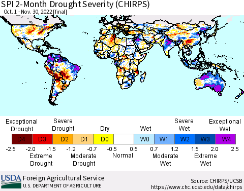 World SPI 2-Month Drought Severity (CHIRPS) Thematic Map For 10/1/2022 - 11/30/2022