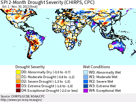 World SPI 2-Month Drought Severity (CHIRPS) Thematic Map For 10/1/2022 - 11/30/2022