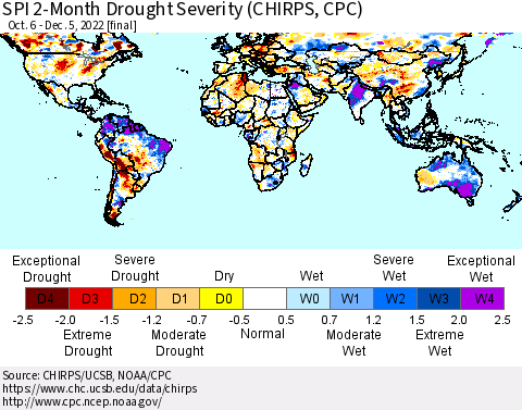 World SPI 2-Month Drought Severity (CHIRPS) Thematic Map For 10/6/2022 - 12/5/2022