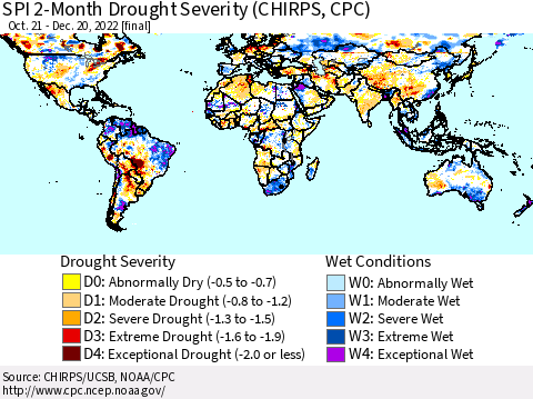 World SPI 2-Month Drought Severity (CHIRPS) Thematic Map For 10/21/2022 - 12/20/2022