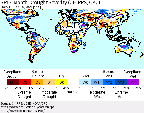 World SPI 2-Month Drought Severity (CHIRPS) Thematic Map For 12/11/2022 - 2/10/2023